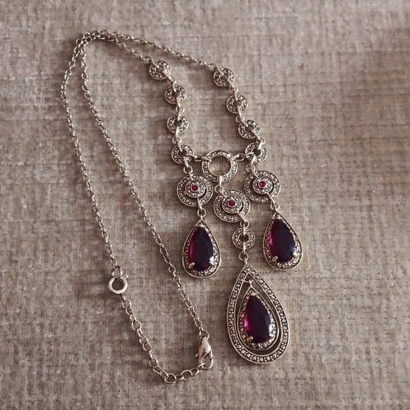 Gold Tone Garnet Dangle Tear Drop Necklace - Picture 12 of 12